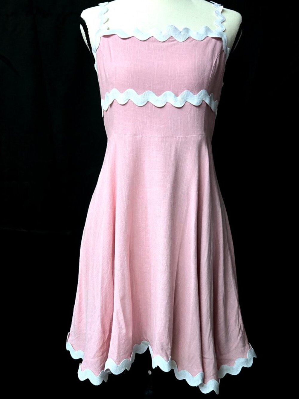 Shy Velvet Dress Linen Blend Pink Scallop Trim‎ Smocked Coquette XL